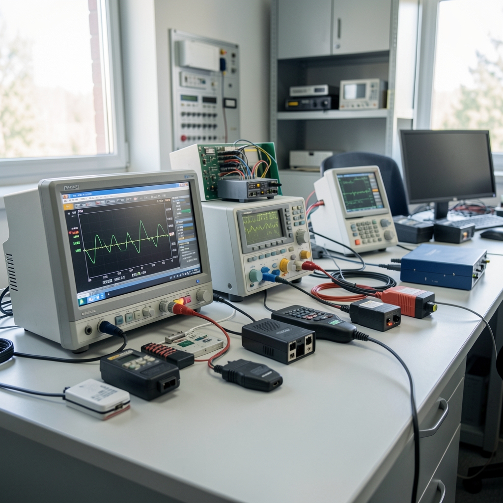 Laboratorija za testiranje auto elektronike sa mernim instrumentima, osciloskopom i različitim auto uređajima na radnom stolu