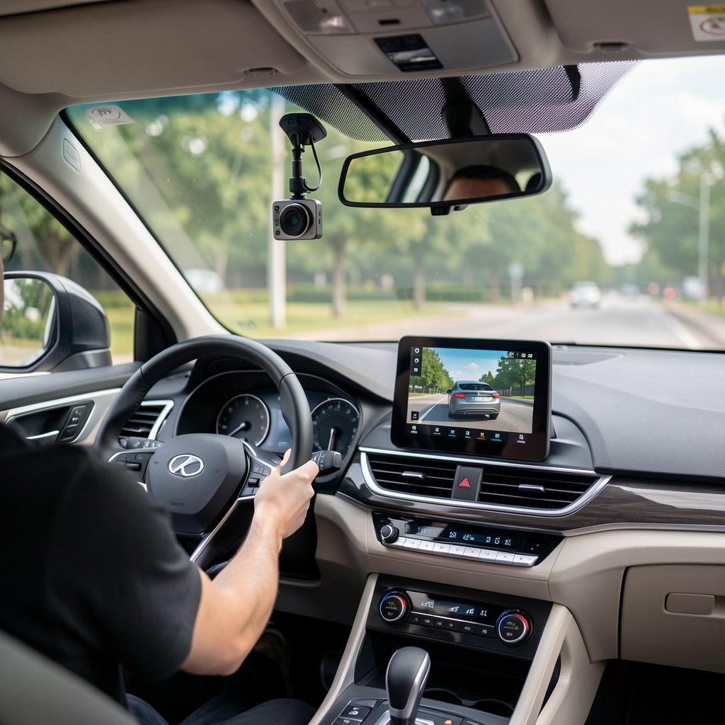 Profesionalna auto kamera Viofo A119 Mini 2 montirana na vetrobransko staklo modernog automobila, prikazuje kvalitetnu sliku u 4K rezoluciji na ugrađenom displeju