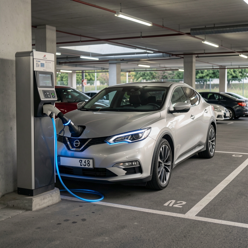 Električni automobil priključen na kućni punjač u garaži moderne kuće sa plavim svetlom statusa punjenja