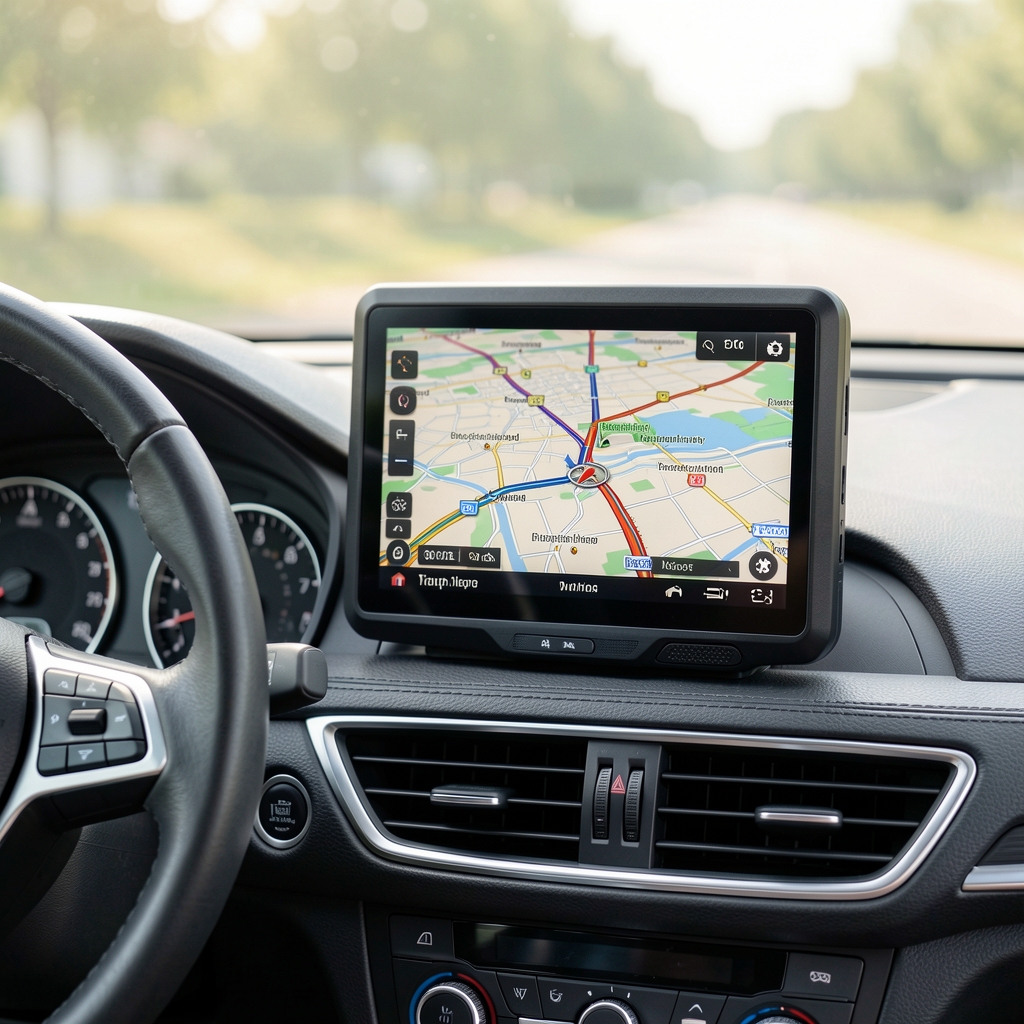 GPS navigacioni uređaj na kontrolnoj tabli automobila prikazuje mapu Novog Sada sa putnom rutom