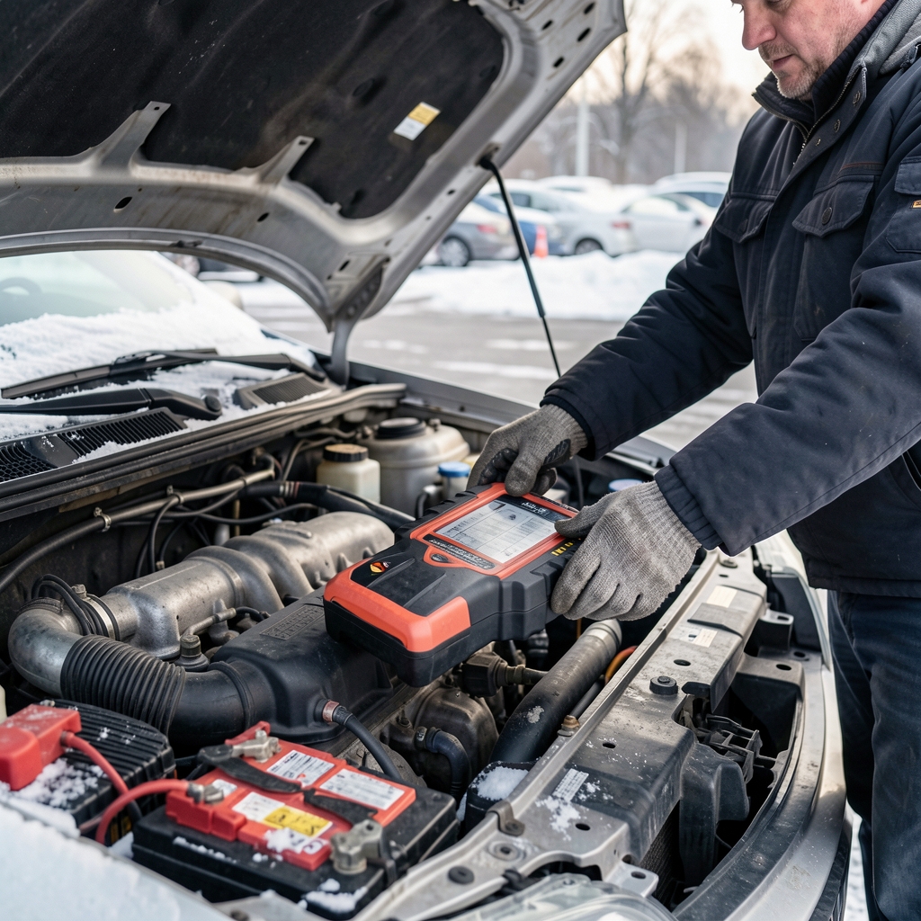 Kompaktni jump starter za akumulator pored otvorenog motora automobila zimi na parkingu, ruke mehaničara u rukavicama