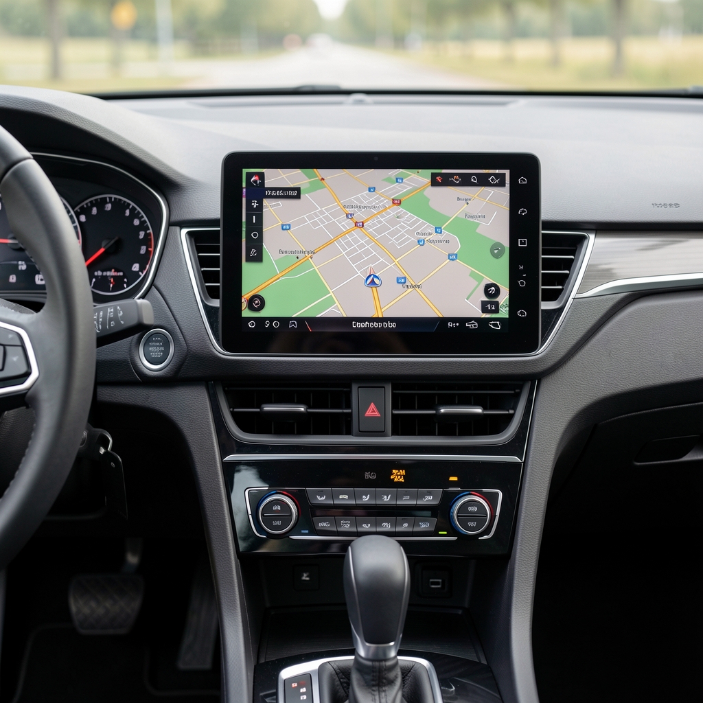Moderni Android auto multimedijalni sistem ugradjen u kontrolnu tablu automobila prikazuje navigaciju i muziku