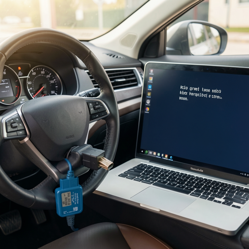 OBD2 dijagnostički čitač priključen u OBD port ispod volana, prikazuje kôd greške na ekranu laptopa