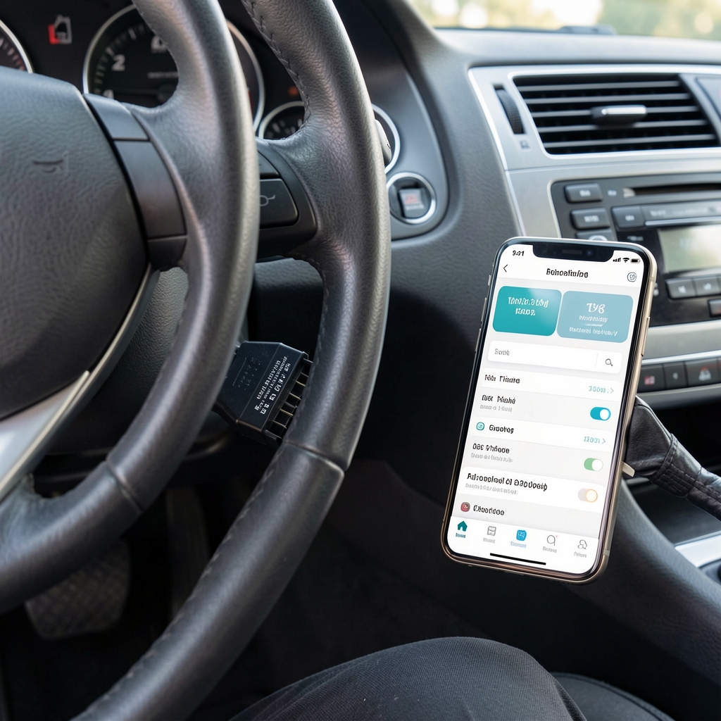 OBD2 dijagnostički adapter uključen u port ispod volana automobila sa prikazom aplikacije na pametnom telefonu