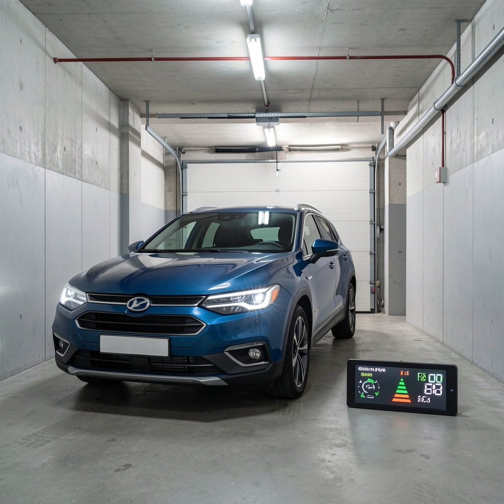 Automobil parkiran u tesnoj garaži sa aktiviranim parking radarima, vizualni prikaz rastojanja na displeju