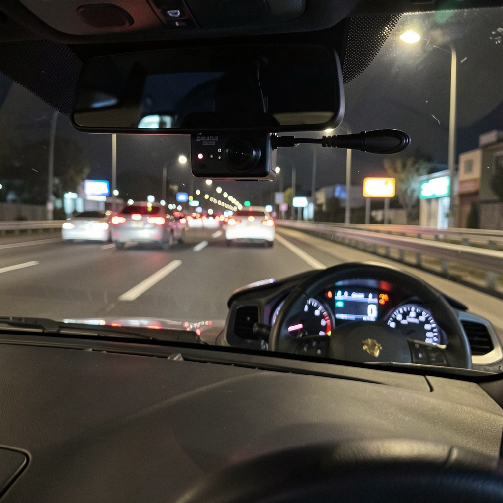 Profesionalna 4K dash kamera montirana na vetrobransko staklo sportskog automobila sa pogledom na noćni saobraćaj