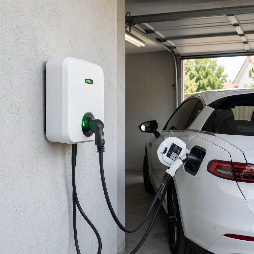 Moderni beli wallbox kućni punjač za električno vozilo montiran na zid garaže, prikazuje zelenu LED indikaciju aktivnog punjenja sa Type 2 kablom priključenim na elektro automobil
