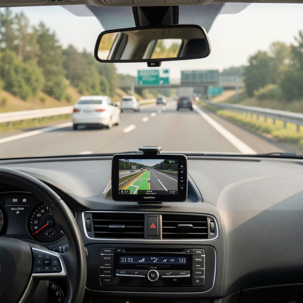 TomTom Via 52 GPS navigacija sa 5 inčnim ekranom na oslonjenom nosaču u putničkom automobilu na autoputu