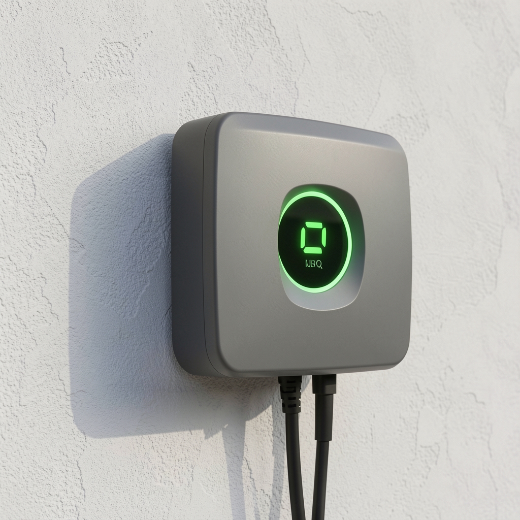 Wallbox kućni punjač za električna vozila montiran na garažni zid bele boje, prikazuje zelenu LED indikaciju punjenja