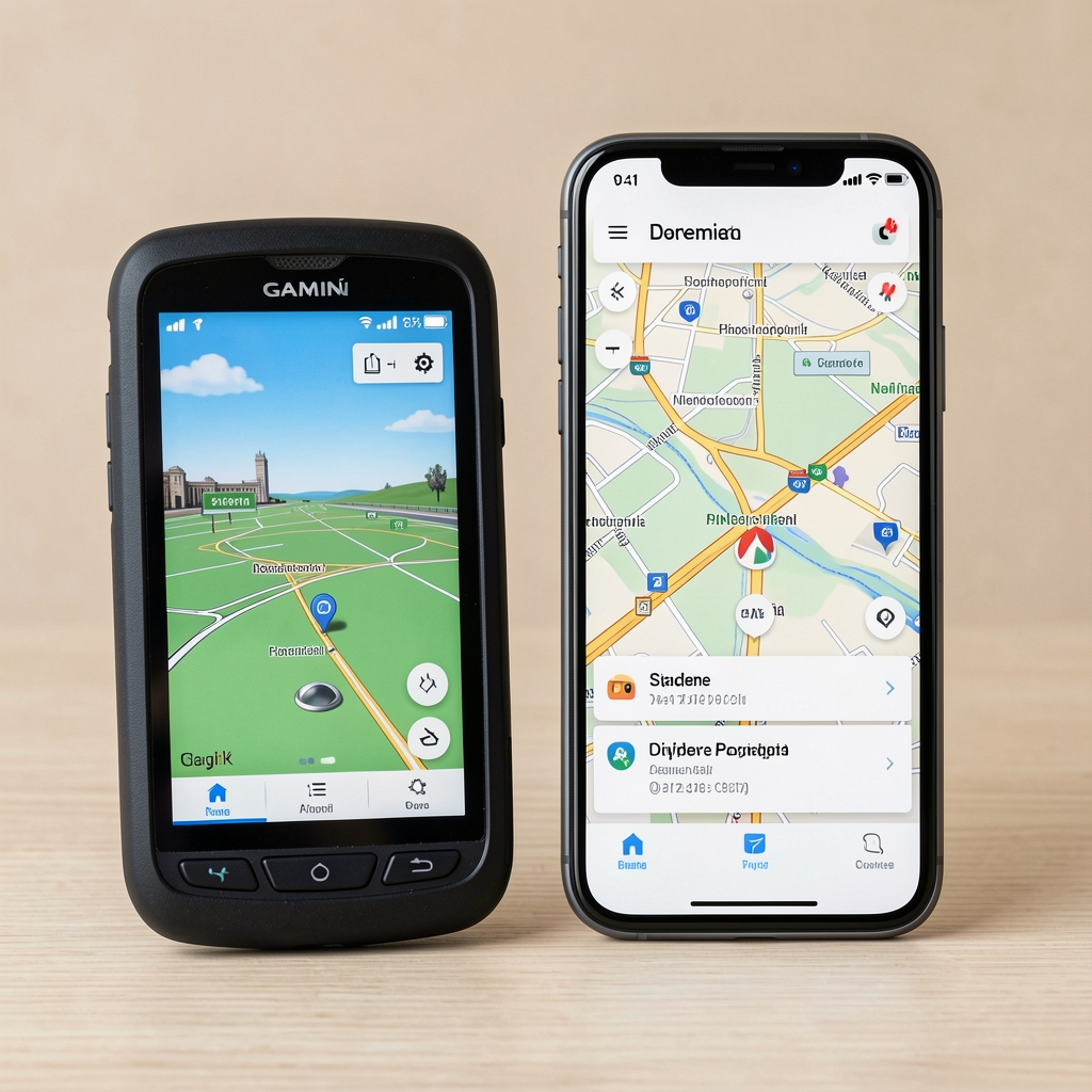 GPS navigacioni uređaj Garmin pored pametnog telefona sa Google Maps aplikacijom za poređenje navigacije