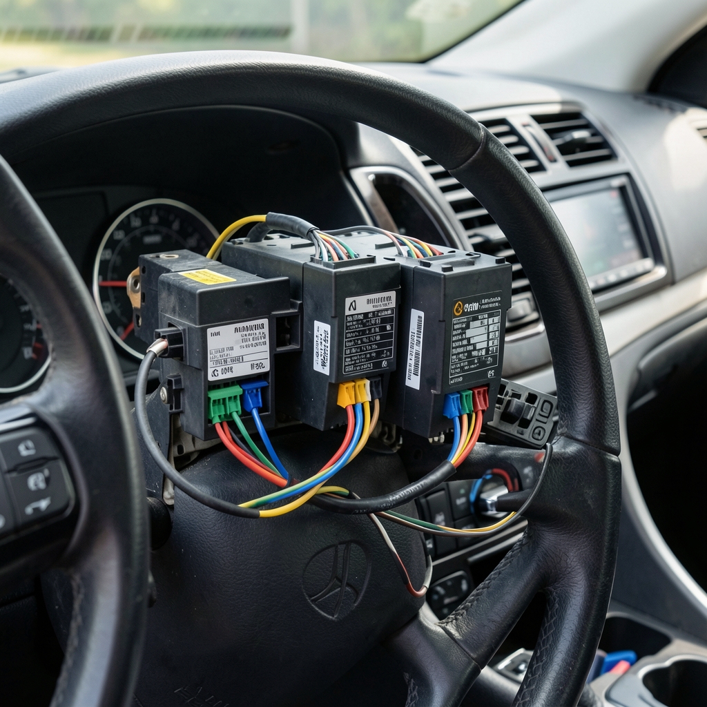 Instalacija Android multimedijalne jedinice u kontrolnu tablu automobila, vidljivi konektori i kablovi tokom montaže