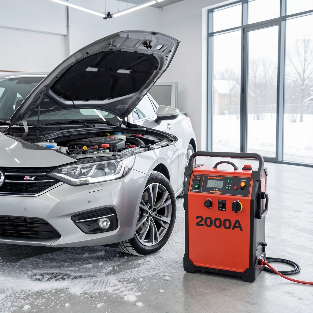 Kompaktni litijum jump starter prikazuje jačinu struje 2000A, pored automobila sa otvorenim poklopcem motora zimi