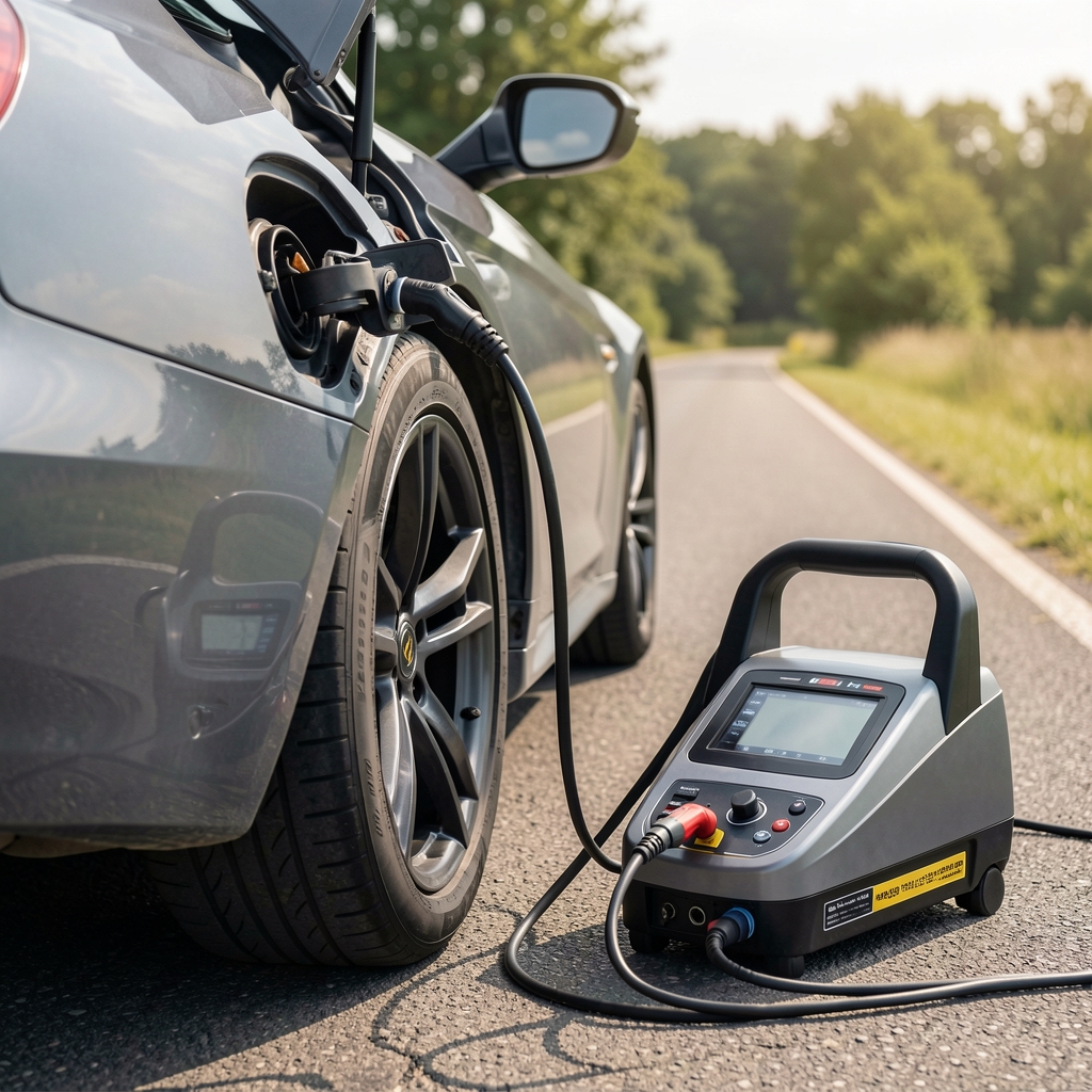 Moderni digitalni kompresor za gume automobila priključen na 12V upaljač automobila tokom punjenja gume na putu