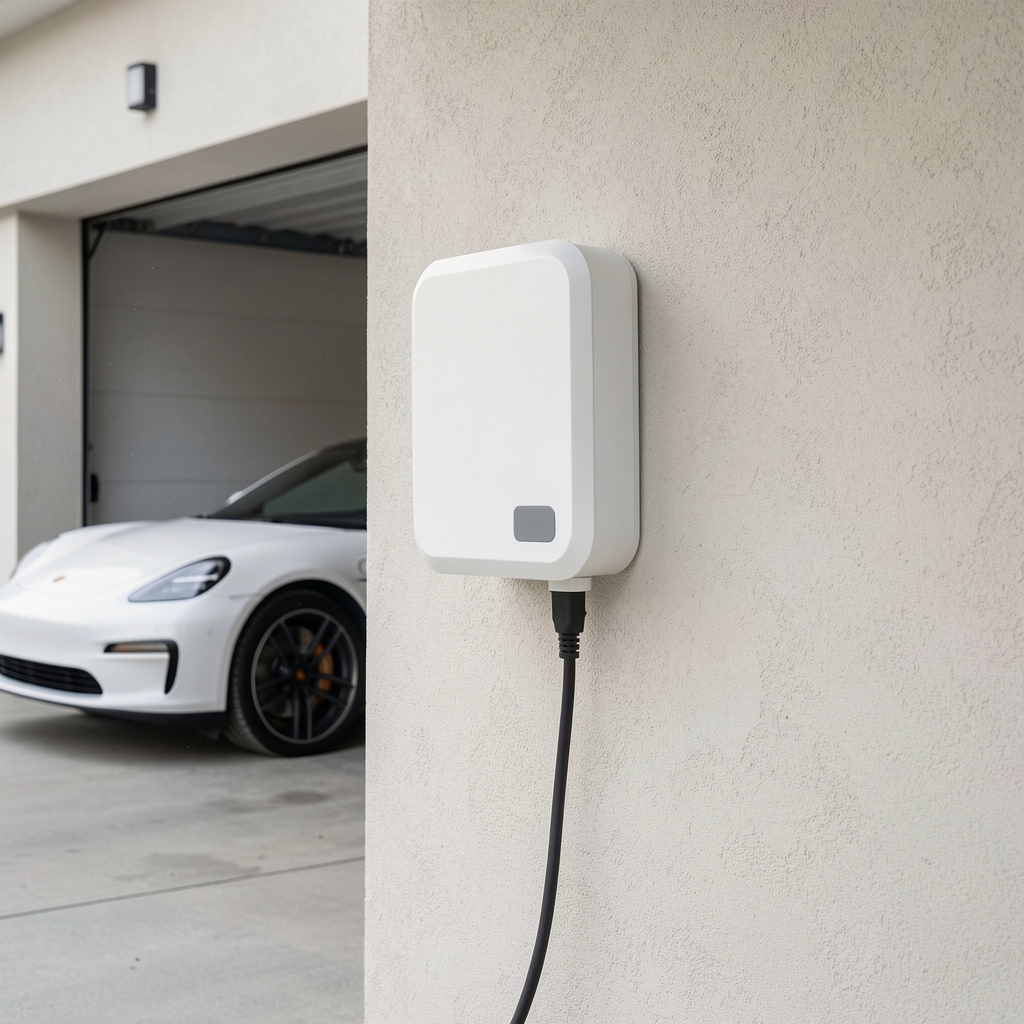 Moderni kućni wallbox punjač za električni automobil bele boje montiran na zidu garaže sa kablom priključenim na Tesla Model 3