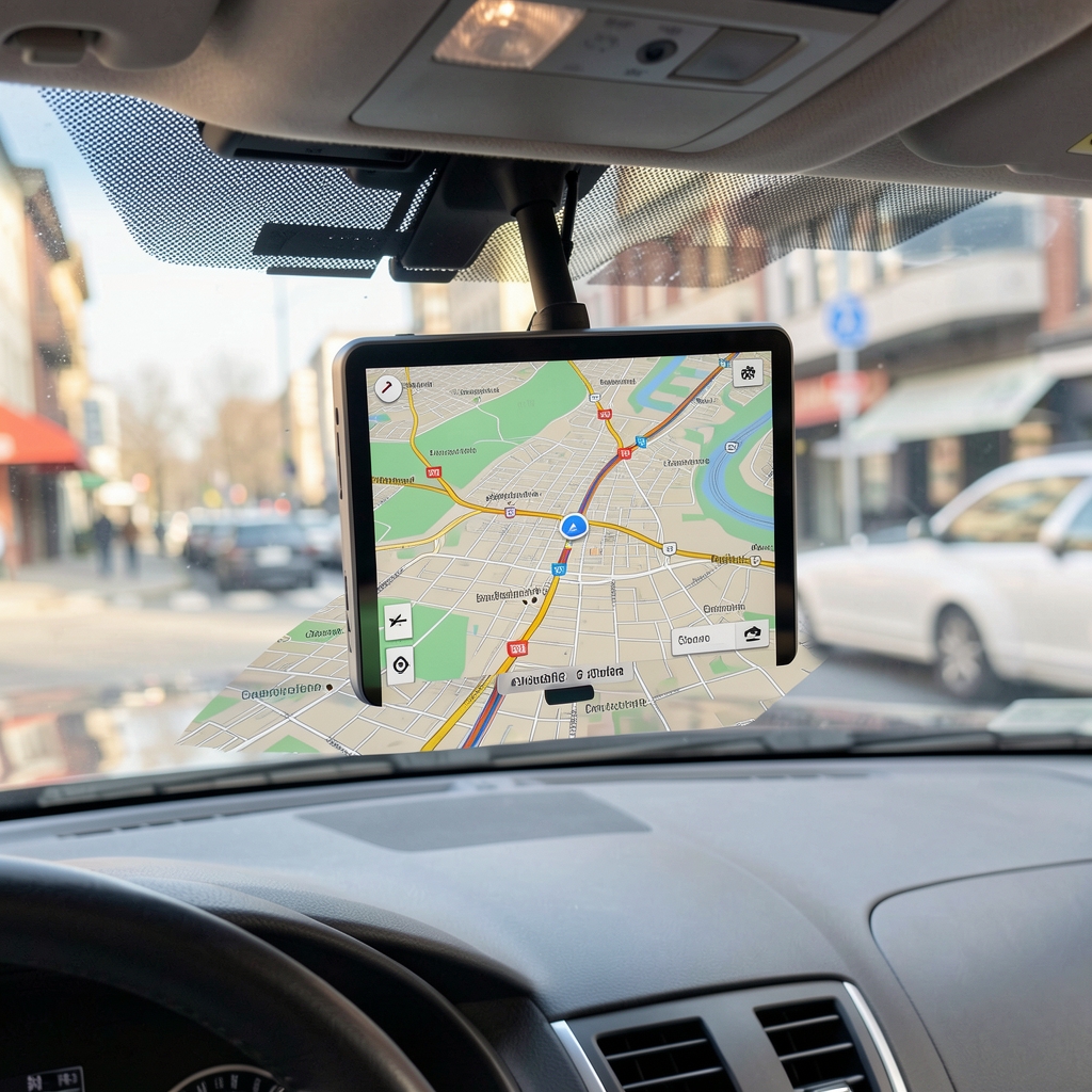 GPS navigacioni uređaj montiran na vetrobranskom staklu automobila koji prikazuje kartu sa rutom kroz grad