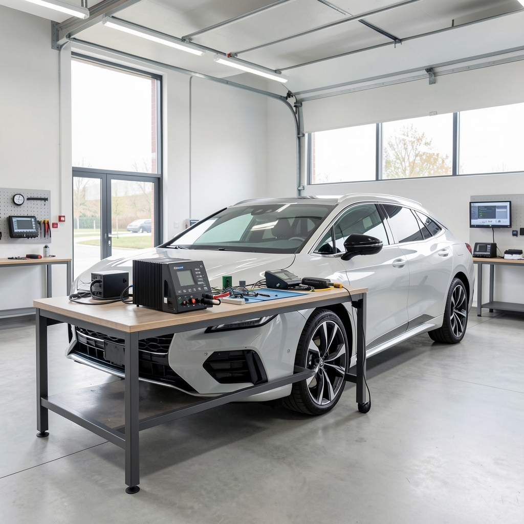 Moderna garaža sa luksuznim vozilom i naprednom auto elektronikom postavljenom na radnom stolu