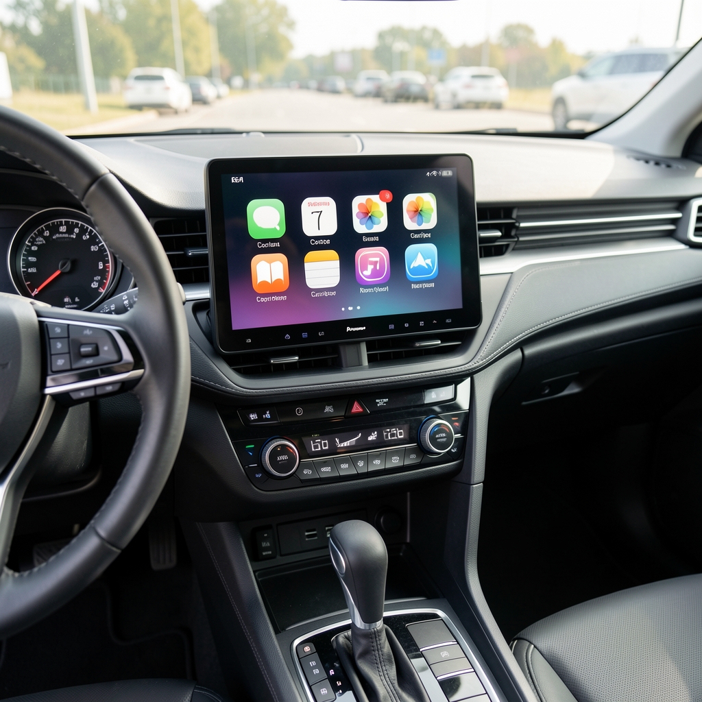 Moderan auto multimedijalni sistem Pioneer sa 9 inča ekranom montiran u kontrolnoj tabli vozila prikazuje Apple CarPlay interfejs