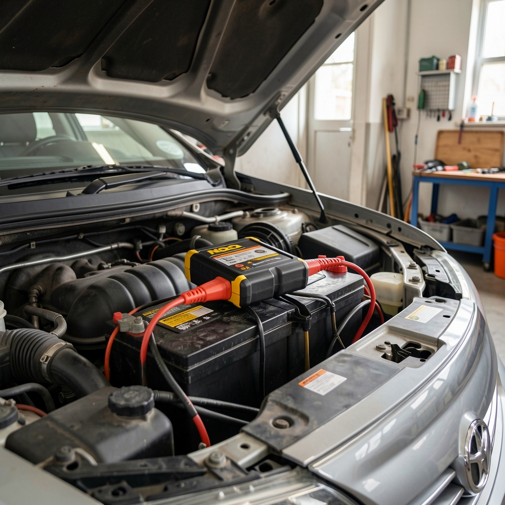 Profesionalni jump starter uređaj NOCO priključen na akumulator automobila u garaži ispod haube automobila