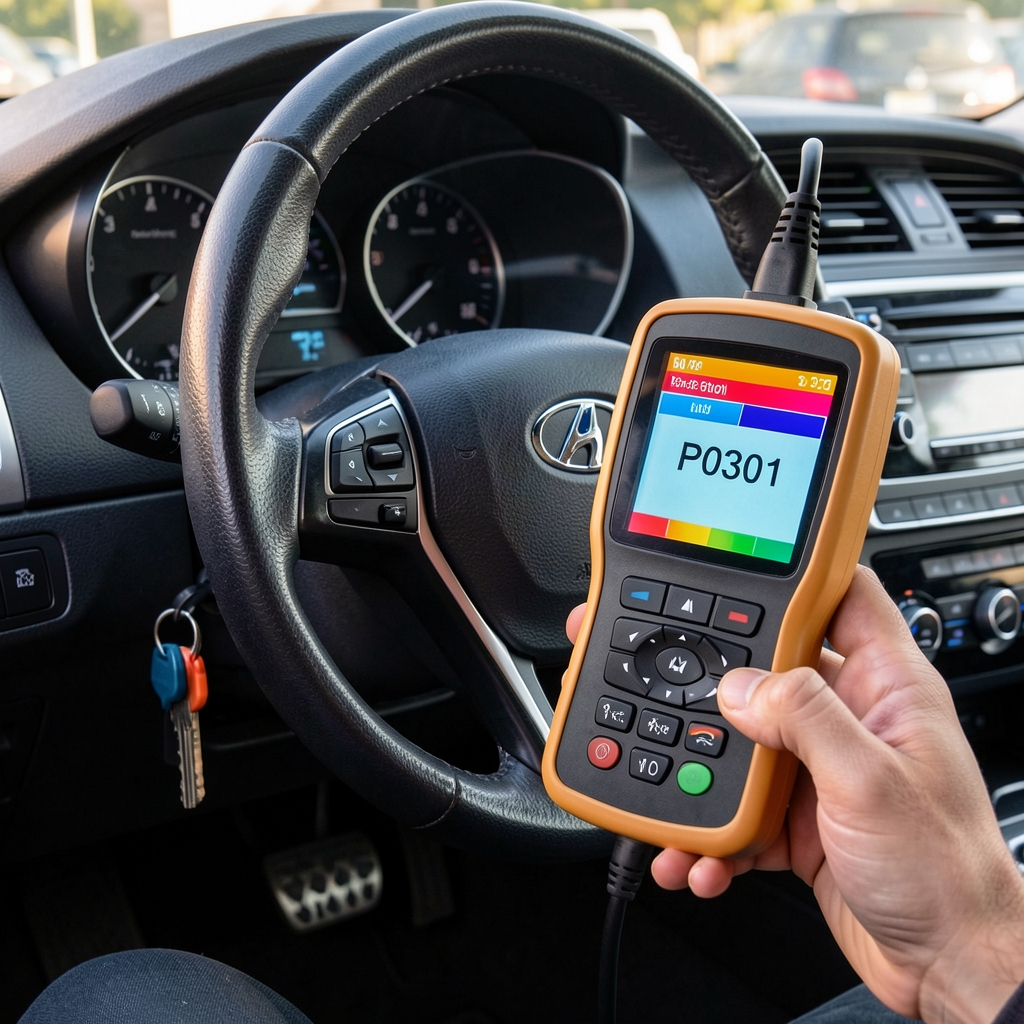 Profesionalni OBD2 dijagnostički skener priključen na OBD port ispod volana automobila, prikazuje P0301 kod greške motora na kolornom ekranu uređaja