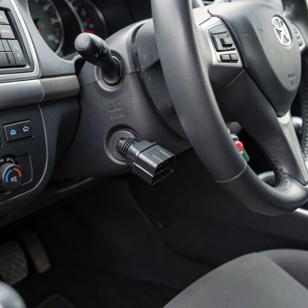 ELM327 Bluetooth OBD2 dijagnostički adapter crne boje priključen u OBD port ispod volana automobila