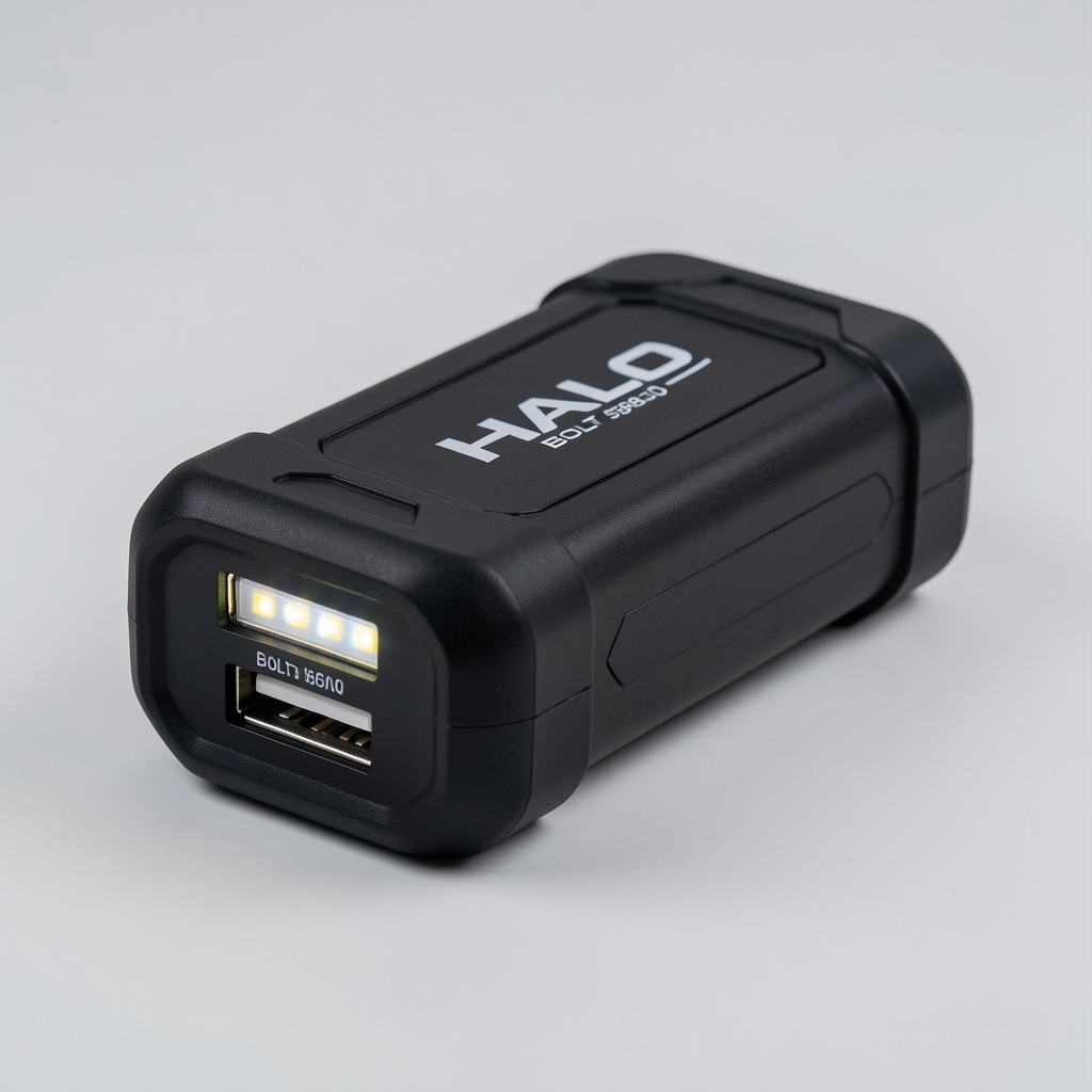 HALO Bolt 58830 prenosni jump starter i punjač u jednom crna boja sa LED svetlom i USB portovima