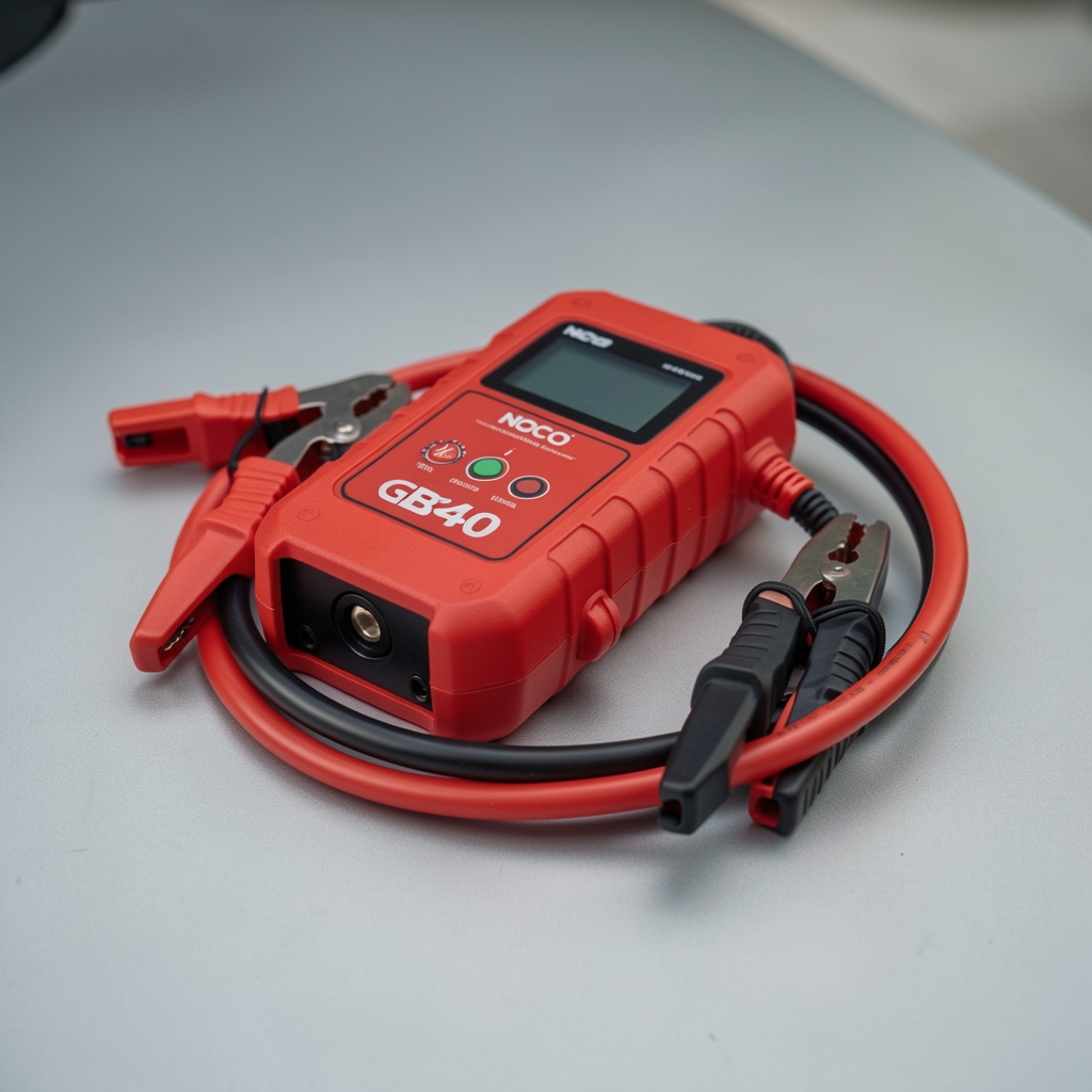 NOCO Boost Plus GB40 jump starter kompaktni uređaj crvene boje sa kablovima za pokretanje akumulatora automobila