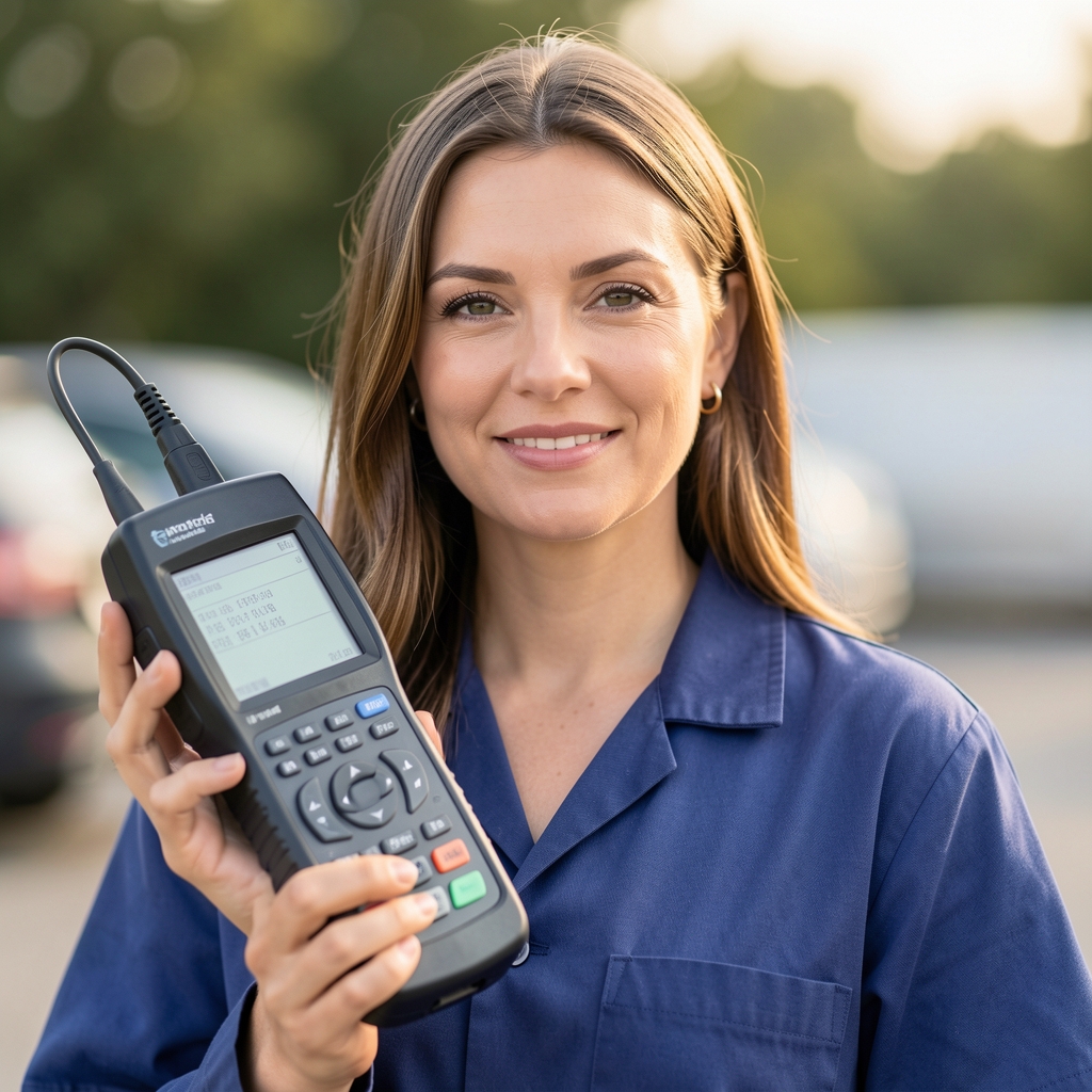 Milena Jovanović, senior analitičar auto elektronike, žena u radnoj odori sa dijagnostičkim uređajem
