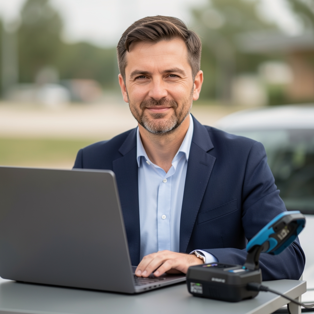 Dragan Petrović, stručnjak za EV tehnologiju, muškarac sa laptop računarom pored punjača za električno vozilo