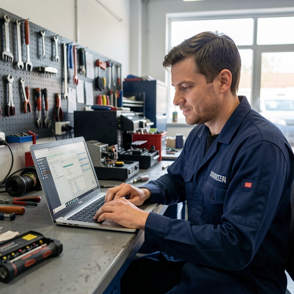 Stručnjak analizira tehničke specifikacije auto elektronike na laptopu u modernoj auto servisnoj radionici